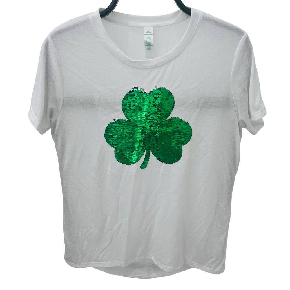 Women's St. Patrick's Day Sequin Clover Shamrock White T-Shirt - Size Large